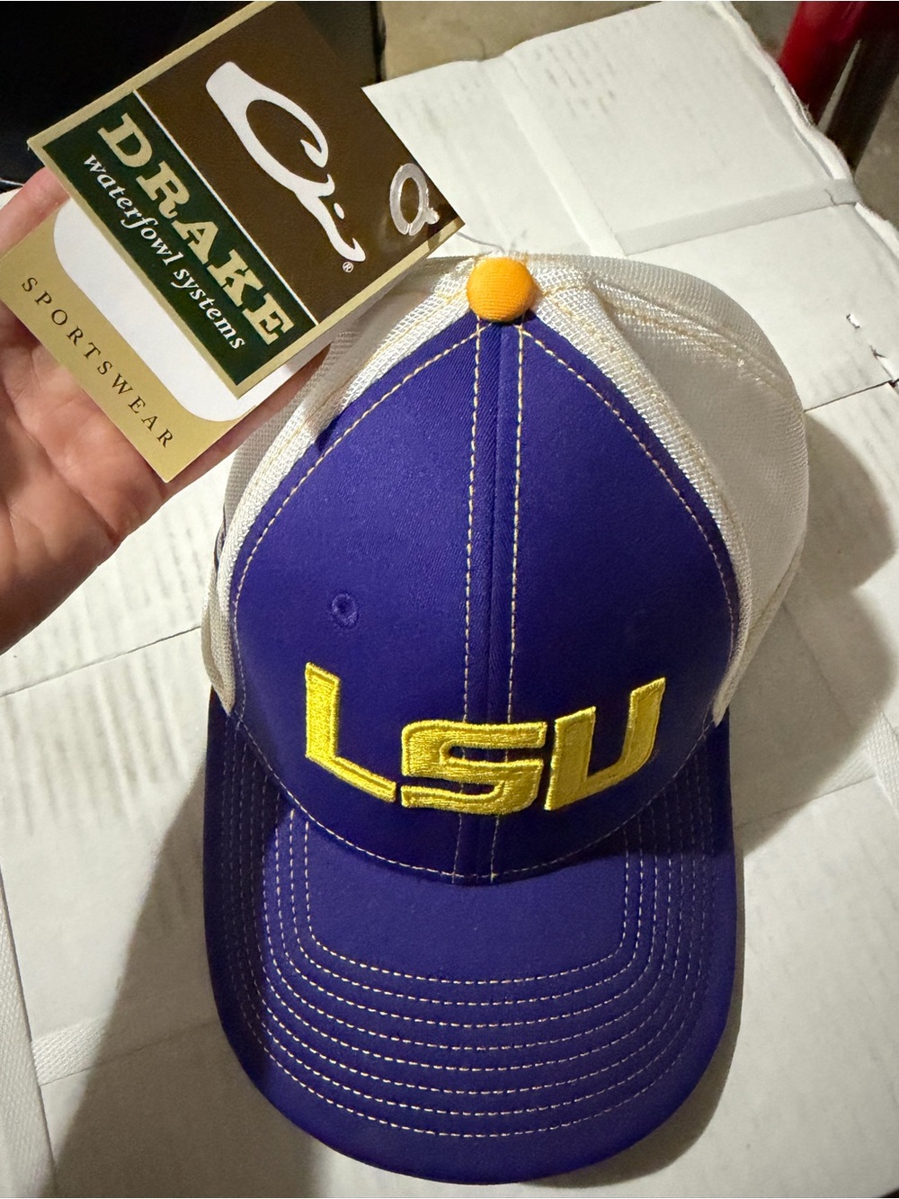 Drake Collegiate White Cap with Purple Embroidered Logo